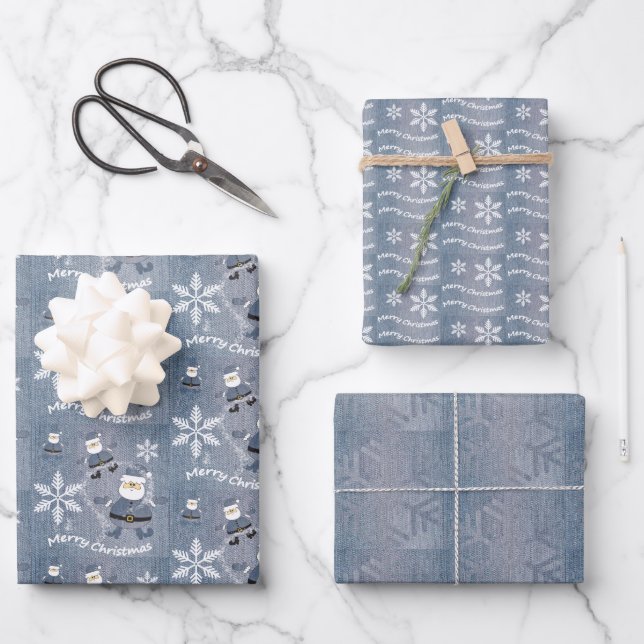 Merry Christmas Blue Denim Jeans Pattern Wrapping Paper Sheet (Front)