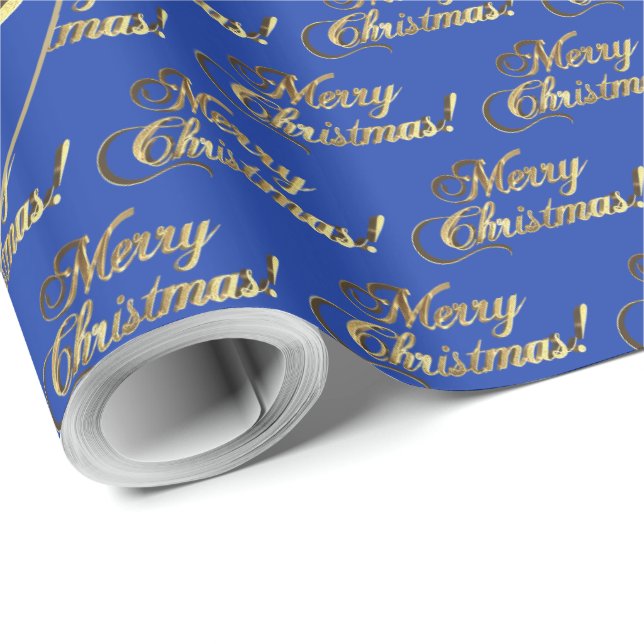 Merry Christmas Blue Faux Gold Foil Script Wrapping Paper (Roll Corner)