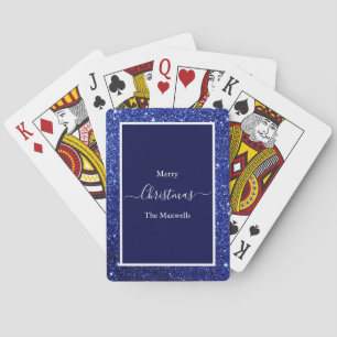 Merry Christmas blue glitter family name Playing Cards