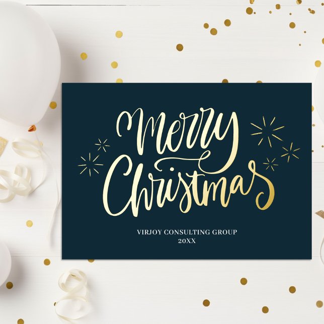 Merry Christmas Blue Gold Calligraphy Business Foil Holiday Card (Creator Uploaded)