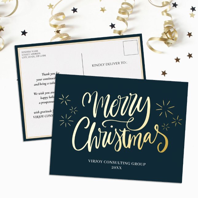 Merry Christmas Blue Gold Calligraphy Business Foil Holiday Postcard (Creator Uploaded)
