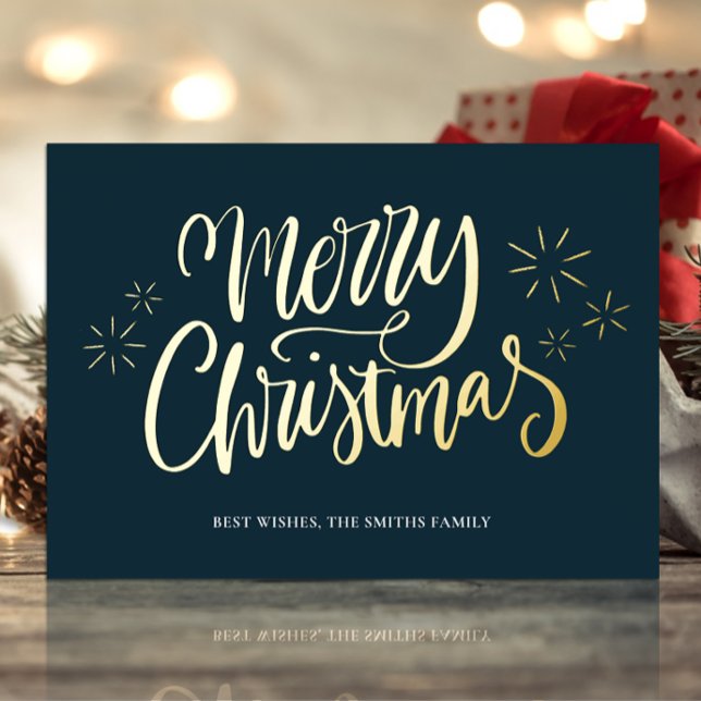 Merry Christmas Blue Gold Calligraphy Non Photo Foil Holiday Card (Creator Uploaded)