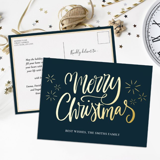 Merry Christmas Blue Gold Calligraphy Non Photo Foil Holiday Postcard (Creator Uploaded)