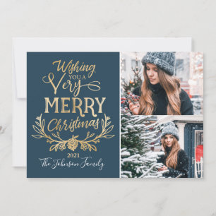 Merry Christmas Blue & Gold Festive family Photo Holiday Card