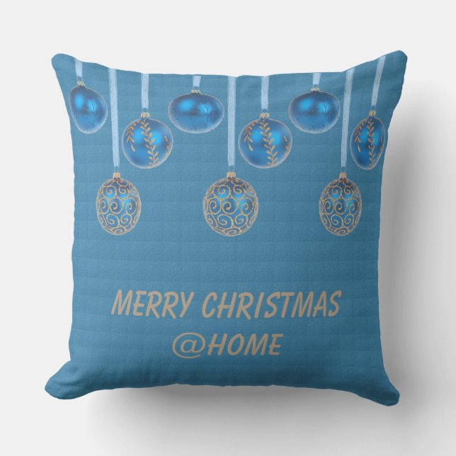 Merry Christmas Blue Gold Glitter Baubles Text Outdoor Cushion (Front)