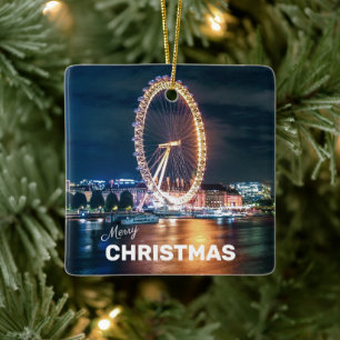 Merry Christmas Blue Gold London Eye Night Ceramic Ornament