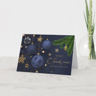 Merry Christmas Blue, Gold Ornaments Card