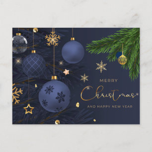 Merry Christmas Blue, Gold Ornaments Holiday Postcard