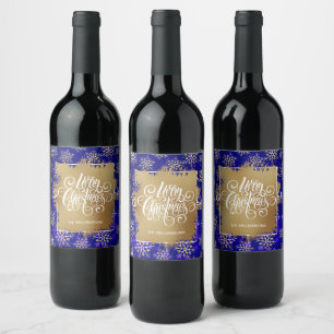 Merry Christmas Blue Gold Snowflakes Wine Label