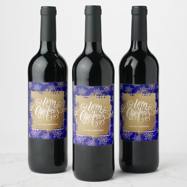 Merry Christmas Blue Gold Snowflakes Wine Label (Bottles)