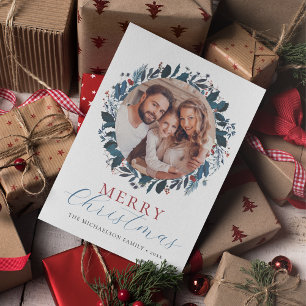 Merry Christmas Blue Green Holly Photo Holiday Card