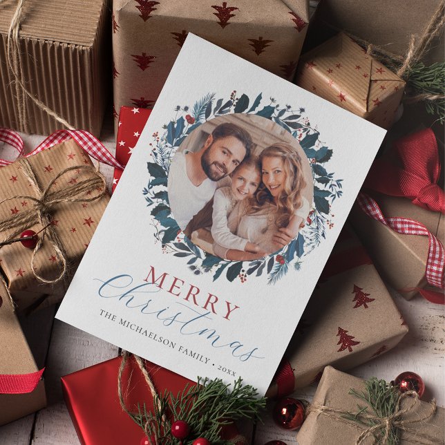 Merry Christmas Blue Green Holly Photo Holiday Card (Creator Uploaded)