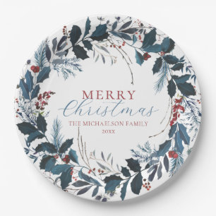 Merry Christmas Blue Green Holly Watercolor Paper Plate