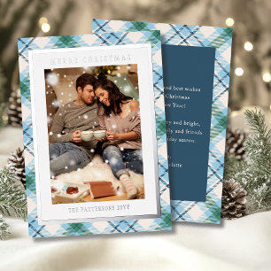 Merry Christmas Blue Green Plaid Tartan Photo Foil Holiday Card