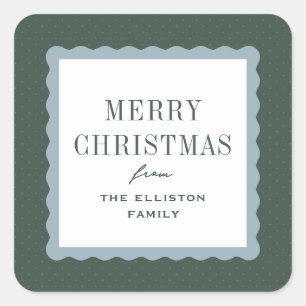 Merry Christmas blue green wavy frame holiday gift Square Sticker