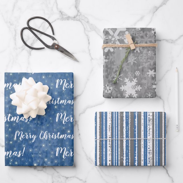 Merry Christmas Blue Grey Winter Wrapping Paper Sheet (Front)