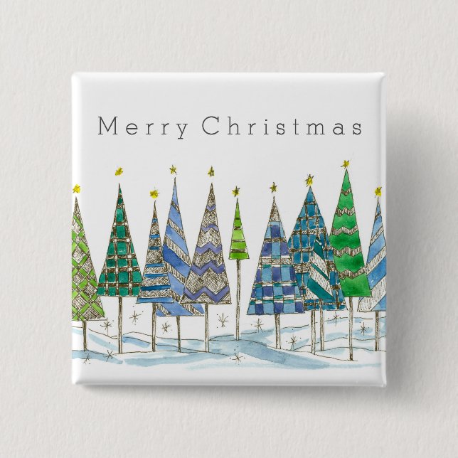 Merry Christmas Blue Holiday Trees Art 15 Cm Square Badge (Front)