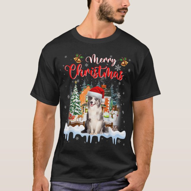 Merry Christmas Blue Merle Collie Dog Santa Hat Li T-Shirt (Front)