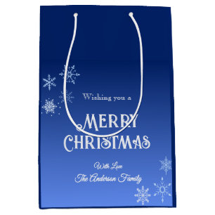 Merry Christmas Blue Modern Snowflake Medium Gift Bag