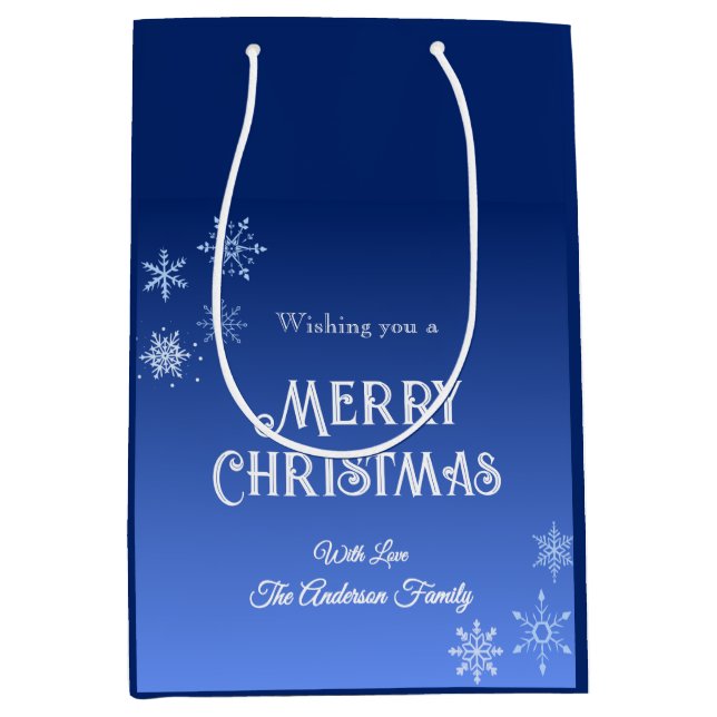 Merry Christmas Blue Modern Snowflake Medium Gift Bag (Front)