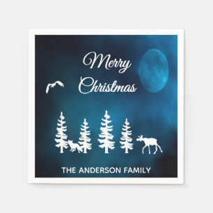 Merry Christmas blue night moon forest forest Napkin