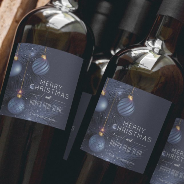 Merry Christmas Blue Ornaments Holiday Wine Label (Creator Uploaded)