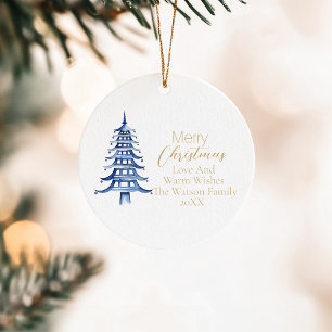 Merry Christmas Blue Pagoda Christmas Tree 1-Photo Ceramic Tree Decoration