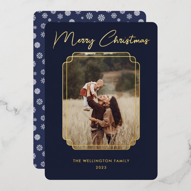Merry Christmas Blue Photo Gold Frame Snowflake Foil Holiday Card (Front/Back)