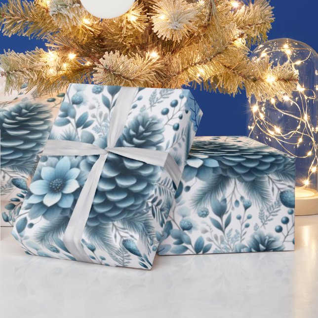 Merry Christmas Blue Pinecones Wrapping Paper (Holidays)