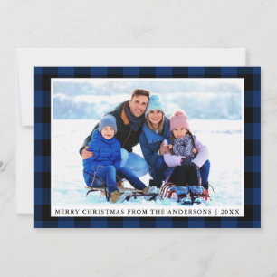 Merry Christmas Blue Plaid Family Photo Card