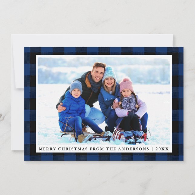 Merry Christmas Blue Plaid Family Photo Card (Front)
