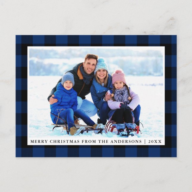 Merry Christmas Blue Plaid Family Photo Postcard (Front)