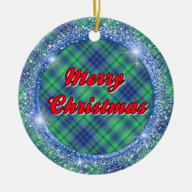 Merry Christmas Blue Plaid Faux Glitter Frame Ceramic Tree Decoration (Front)