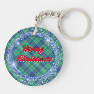 Merry Christmas Blue Plaid Faux Glitter Frame Key Ring