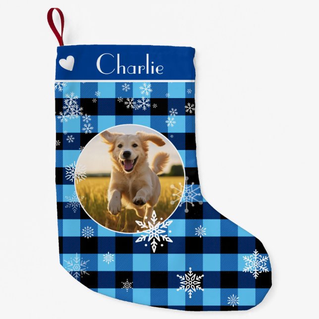 Merry Christmas Blue Plaid Pattern Custom Photo Small Christmas Stocking (Front)
