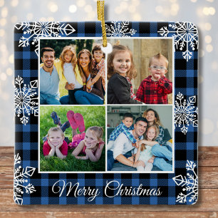 Merry Christmas Blue Plaid Snowflakes 4 Photo  Ceramic Ornament