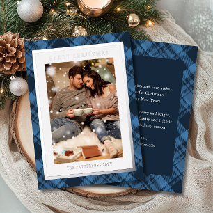 Merry Christmas Blue Plaid Tartan Photo Foil Holiday Card