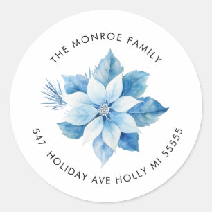 Merry Christmas Blue Poinsettia Address Sticker