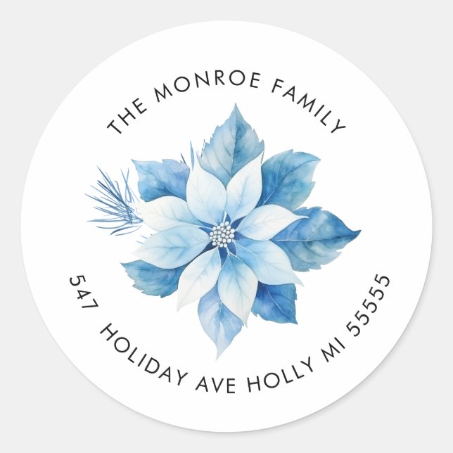 Merry Christmas Blue Poinsettia Address Sticker (Front)