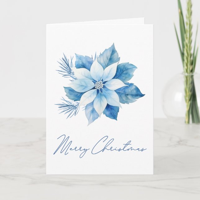 Merry Christmas Blue Poinsettia Card (Front)