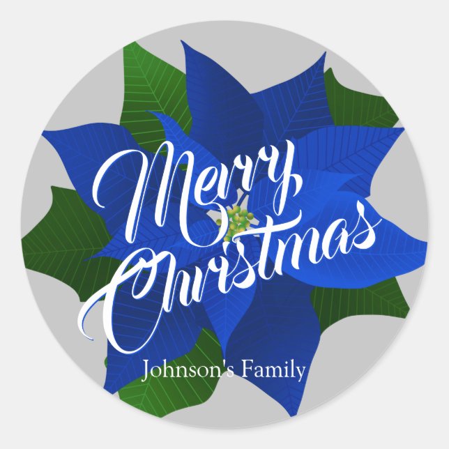 Merry Christmas - Blue Poinsettia Christmas Classic Round Sticker (Front)