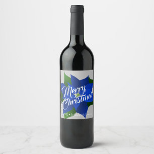 Merry Christmas - Blue Poinsettia Christmas Wine Label