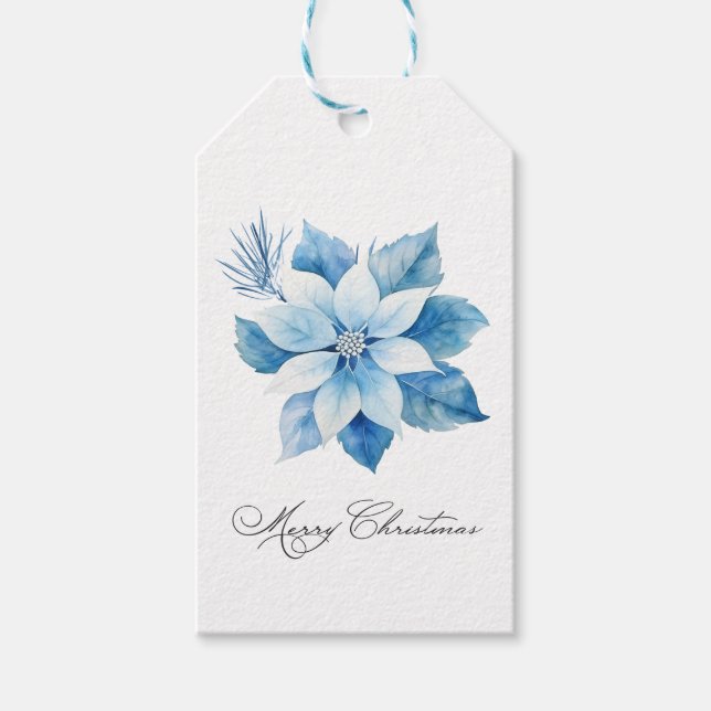 Merry Christmas Blue Poinsettia Gift Tag (Front)