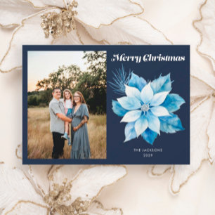 Merry Christmas Blue Poinsettia Holiday Card