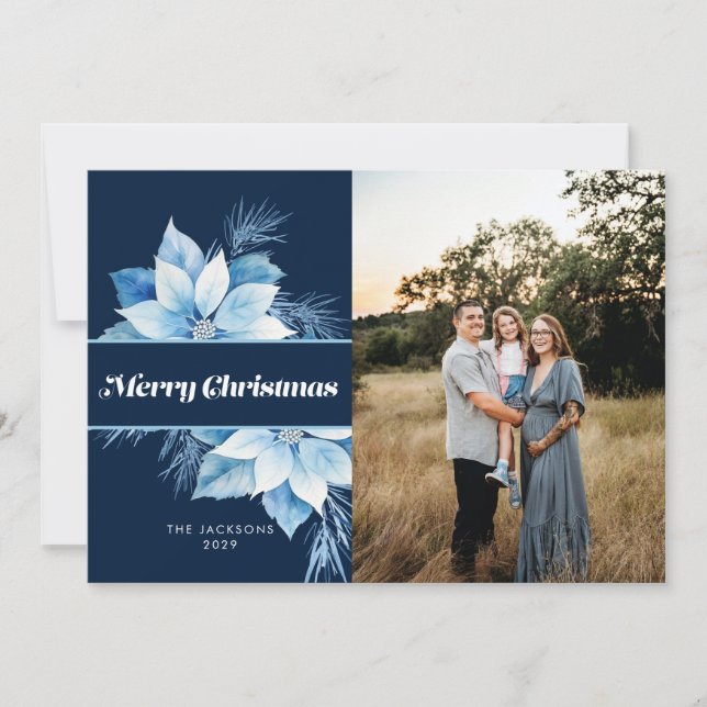 Merry Christmas Blue Poinsettia Holiday Card (Front)