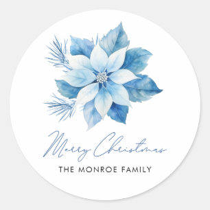 Merry Christmas Blue Poinsettia  Sticker
