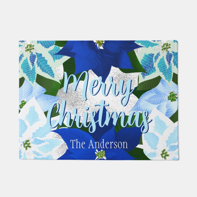 Merry Christmas Blue Poinsettias  Doormat (Front)