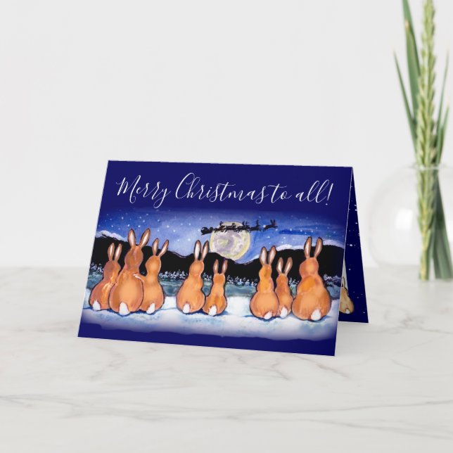 Merry Christmas Blue Rabbit Cute Winter Scene Year Holiday Card (Front)