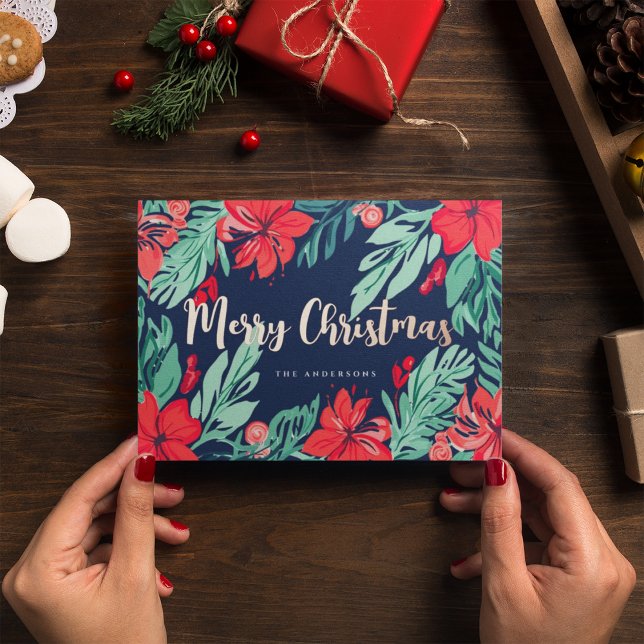 Merry Christmas Blue Red Elegant Botanical Foil Holiday Card (Creator Uploaded)