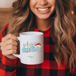 Merry Christmas Blue Red Festive Retro Add Name Coffee Mug<br><div class="desc">This cute, girly Merry Christmas design was created using a fun modern script font and my hand lettered block font in a retro 80's style in light blue and red. It features my hand painted Santa hat with holly and berries for a festive holiday look. Add your name to personalise...</div>
